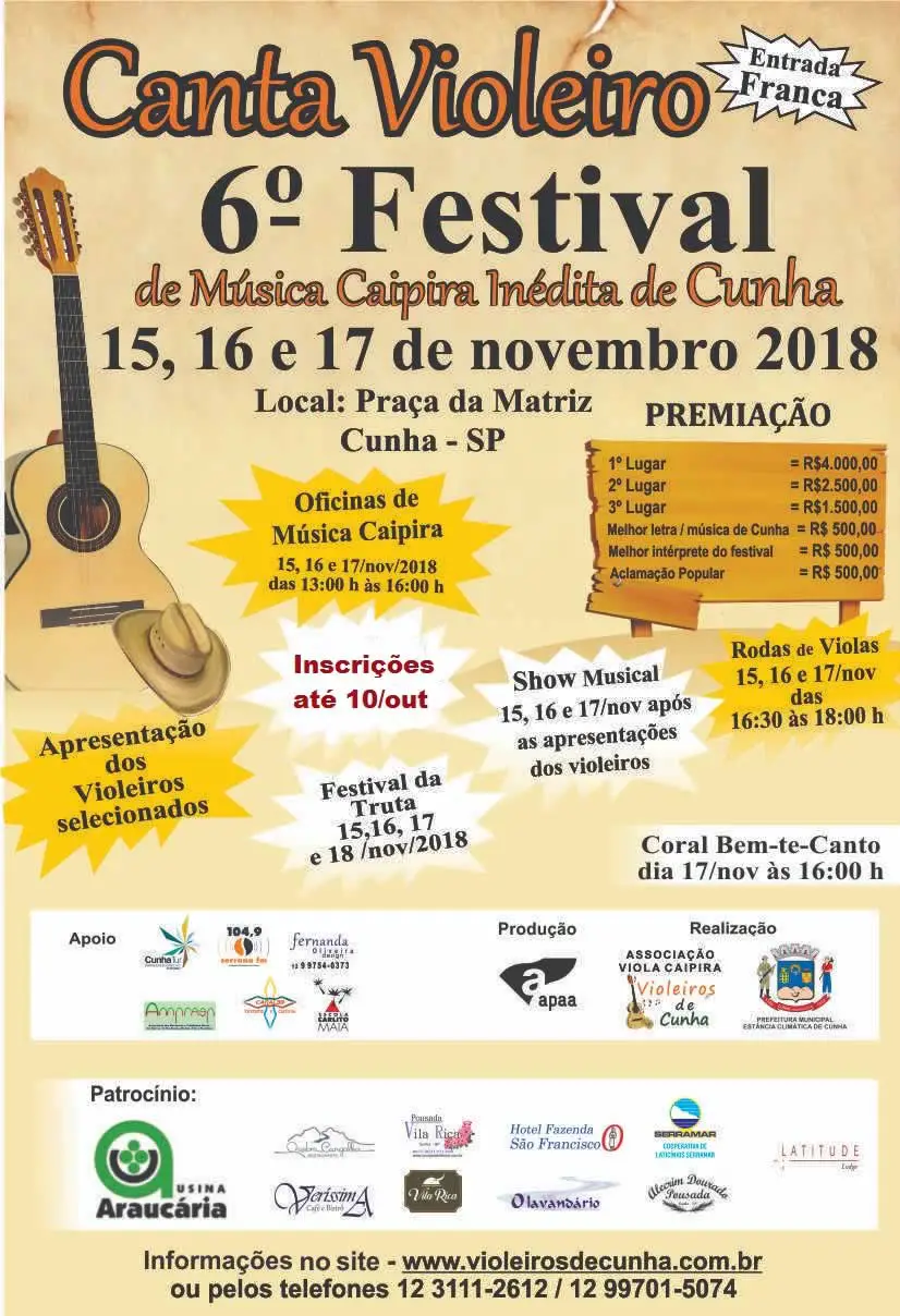 Cartaz do VI Festival Canta Violeiro de Cunha 2018