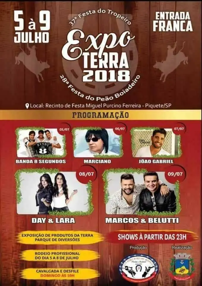 Programação da Expo Terra Piquete 2018 - Festa do Tropeiro e Peão de Boiadeiro 